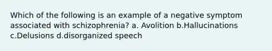 Which of the following is an example of a negative symptom associated with schizophrenia? a. Avolition b.Hallucinations c.Delusions d.disorganized speech