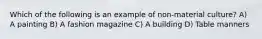 Which of the following is an example of non-material culture? A) A painting B) A fashion magazine C) A building D) Table manners