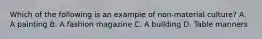 Which of the following is an example of non-material culture? A. A painting B. A fashion magazine C. A building D. Table manners