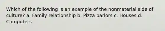 Which of the following is an example of the nonmaterial side of culture? a. Family relationship b. Pizza parlors c. Houses d. Computers