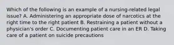 Which of the following is an example of a nursing-related legal issue? A. Administering an appropriate dose of narcotics at the right time to the right patient B. Restraining a patient without a physician's order C. Documenting patient care in an ER D. Taking care of a patient on suicide precautions