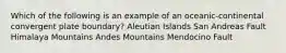 Which of the following is an example of an oceanic-continental convergent plate boundary? Aleutian Islands San Andreas Fault Himalaya Mountains Andes Mountains Mendocino Fault