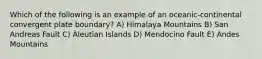 Which of the following is an example of an oceanic-continental convergent plate boundary? A) Himalaya Mountains B) San Andreas Fault C) Aleutian Islands D) Mendocino Fault E) Andes Mountains