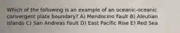 Which of the following is an example of an oceanic-oceanic convergent plate boundary? A) Mendocino Fault B) Aleutian Islands C) San Andreas Fault D) East Pacific Rise E) Red Sea