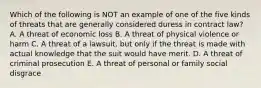 Which of the following is NOT an example of one of the five kinds of threats that are generally considered duress in contract law? A. A threat of economic loss B. A threat of physical violence or harm C. A threat of a lawsuit, but only if the threat is made with actual knowledge that the suit would have merit. D. A threat of criminal prosecution E. A threat of personal or family social disgrace