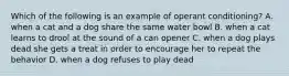 Which of the following is an example of operant conditioning? A. when a cat and a dog share the same water bowl B. when a cat learns to drool at the sound of a can opener C. when a dog plays dead she gets a treat in order to encourage her to repeat the behavior D. when a dog refuses to play dead