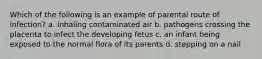 Which of the following is an example of parental route of infection? a. inhaling contaminated air b. pathogens crossing the placenta to infect the developing fetus c. an infant being exposed to the normal flora of its parents d. stepping on a nail