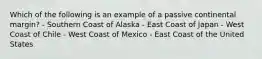 Which of the following is an example of a passive continental margin? - Southern Coast of Alaska - East Coast of Japan - West Coast of Chile - West Coast of Mexico - East Coast of the United States