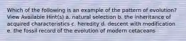 Which of the following is an example of the pattern of evolution? View Available Hint(s) a. natural selection b. the inheritance of acquired characteristics c. heredity d. descent with modification e. the fossil record of the evolution of modern cetaceans