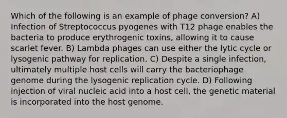 Which of the following is an example of phage conversion? A) Infection of Streptococcus pyogenes with T12 phage enables the bacteria to produce erythrogenic toxins, allowing it to cause scarlet fever. B) Lambda phages can use either the lytic cycle or lysogenic pathway for replication. C) Despite a single infection, ultimately multiple host cells will carry the bacteriophage genome during the lysogenic replication cycle. D) Following injection of viral nucleic acid into a host cell, the genetic material is incorporated into the host genome.