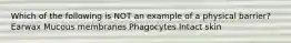 Which of the following is NOT an example of a physical barrier? Earwax Mucous membranes Phagocytes Intact skin