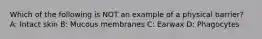 Which of the following is NOT an example of a physical barrier? A: Intact skin B: Mucous membranes C: Earwax D: Phagocytes
