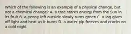 Which of the following is an example of a physical change, but not a chemical change? A. a tree stores energy from the Sun in its fruit B. a penny left outside slowly turns green C. a log gives off light and heat as it burns D. a water pip freezes and cracks on a cold night