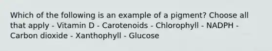 Which of the following is an example of a pigment? Choose all that apply - Vitamin D - Carotenoids - Chlorophyll - NADPH - Carbon dioxide - Xanthophyll - Glucose