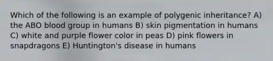 Which of the following is an example of polygenic inheritance? A) the ABO blood group in humans B) skin pigmentation in humans C) white and purple flower color in peas D) pink flowers in snapdragons E) Huntington's disease in humans