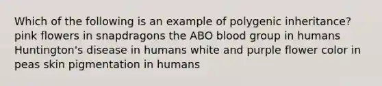 Which of the following is an example of polygenic inheritance? pink flowers in snapdragons the ABO blood group in humans Huntington's disease in humans white and purple flower color in peas skin pigmentation in humans