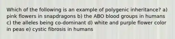 Which of the following is an example of polygenic inheritance? a) pink flowers in snapdragons b) the ABO blood groups in humans c) the alleles being co-dominant d) white and purple flower color in peas e) cystic fibrosis in humans