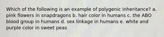 Which of the following is an example of polygenic inheritance? a. pink flowers in snapdragons b. hair color in humans c. the ABO blood group in humans d. sex linkage in humans e. white and purple color in sweet peas