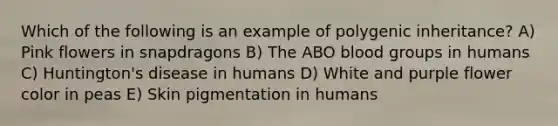 Which of the following is an example of polygenic inheritance? A) Pink flowers in snapdragons B) The ABO blood groups in humans C) Huntington's disease in humans D) White and purple flower color in peas E) Skin pigmentation in humans