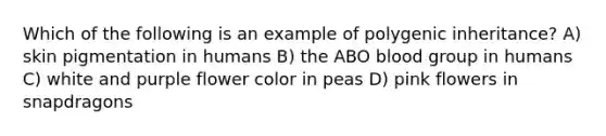 Which of the following is an example of polygenic inheritance? A) skin pigmentation in humans B) the ABO blood group in humans C) white and purple flower color in peas D) pink flowers in snapdragons