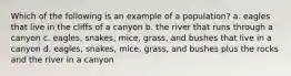 Which of the following is an example of a population? a. eagles that live in the cliffs of a canyon b. the river that runs through a canyon c. eagles, snakes, mice, grass, and bushes that live in a canyon d. eagles, snakes, mice, grass, and bushes plus the rocks and the river in a canyon