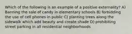 Which of the following is an example of a positive externality? A) Banning the sale of candy in elementary schools B) forbidding the use of cell phones in public C) planting trees along the sidewalk which add beauty and create shade D) prohibiting street parking in all residential neighborhoods