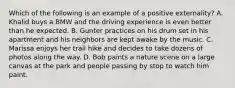 Which of the following is an example of a positive externality? A. Khalid buys a BMW and the driving experience is even better than he expected. B. Gunter practices on his drum set in his apartment and his neighbors are kept awake by the music. C. Marissa enjoys her trail hike and decides to take dozens of photos along the way. D. Bob paints a nature scene on a large canvas at the park and people passing by stop to watch him paint.