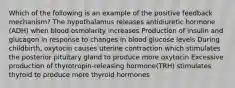 Which of the following is an example of the positive feedback mechanism? The hypothalamus releases antidiuretic hormone (ADH) when blood osmolarity increases Production of insulin and glucagon in response to changes in blood glucose levels During childbirth, oxytocin causes uterine contraction which stimulates the posterior pituitary gland to produce more oxytocin Excessive production of thyrotropin-releasing hormone(TRH) stimulates thyroid to produce more thyroid hormones