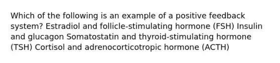 Which of the following is an example of a positive feedback system? Estradiol and follicle-stimulating hormone (FSH) Insulin and glucagon Somatostatin and thyroid-stimulating hormone (TSH) Cortisol and adrenocorticotropic hormone (ACTH)