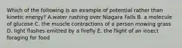 Which of the following is an example of potential rather than kinetic energy? A.water rushing over Niagara Falls B. a molecule of glucose C. the muscle contractions of a person mowing grass D. light flashes emitted by a firefly E. the flight of an insect foraging for food