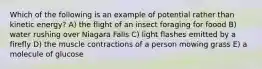 Which of the following is an example of potential rather than kinetic energy? A) the flight of an insect foraging for foood B) water rushing over Niagara Falls C) light flashes emitted by a firefly D) the muscle contractions of a person mowing grass E) a molecule of glucose