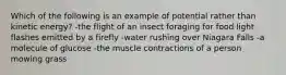 Which of the following is an example of potential rather than kinetic energy? -the flight of an insect foraging for food light flashes emitted by a firefly -water rushing over Niagara Falls -a molecule of glucose -the muscle contractions of a person mowing grass