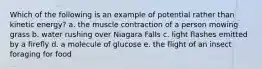 Which of the following is an example of potential rather than kinetic energy? a. the muscle contraction of a person mowing grass b. water rushing over Niagara Falls c. light flashes emitted by a firefly d. a molecule of glucose e. the flight of an insect foraging for food