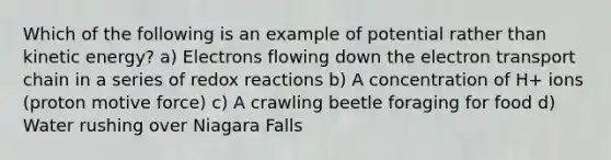 Which of the following is an example of potential rather than kinetic energy? a) Electrons flowing down <a href='https://www.questionai.com/knowledge/k57oGBr0HP-the-electron-transport-chain' class='anchor-knowledge'>the electron transport chain</a> in a series of redox reactions b) A concentration of H+ ions (proton motive force) c) A crawling beetle foraging for food d) Water rushing over Niagara Falls