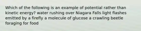 Which of the following is an example of potential rather than kinetic energy? water rushing over Niagara Falls light flashes emitted by a firefly a molecule of glucose a crawling beetle foraging for food