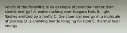 Which of the following is an example of potential rather than kinetic energy? A. water rushing over Niagara Falls B. light flashes emitted by a firefly C. the chemical energy in a molecule of glucose D. a crawling beetle foraging for food E. thermal heat energy