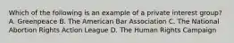 Which of the following is an example of a private interest group? A. Greenpeace B. The American Bar Association C. The National Abortion Rights Action League D. The Human Rights Campaign