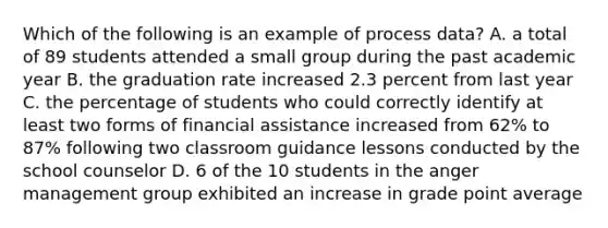 Which of the following is an example of process data? A. a total of 89 students attended a small group during the past academic year B. the graduation rate increased 2.3 percent from last year C. the percentage of students who could correctly identify at least two forms of financial assistance increased from 62% to 87% following two classroom guidance lessons conducted by the school counselor D. 6 of the 10 students in the anger management group exhibited an increase in grade point average