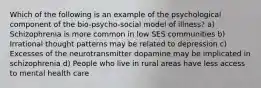 Which of the following is an example of the psychological component of the bio-psycho-social model of illness? a) Schizophrenia is more common in low SES communities b) Irrational thought patterns may be related to depression c) Excesses of the neurotransmitter dopamine may be implicated in schizophrenia d) People who live in rural areas have less access to mental health care