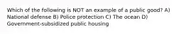 Which of the following is NOT an example of a public good? A) National defense B) Police protection C) The ocean D) Government-subsidized public housing