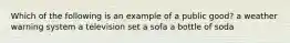 Which of the following is an example of a public good? a weather warning system a television set a sofa a bottle of soda