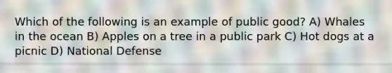 Which of the following is an example of public good? A) Whales in the ocean B) Apples on a tree in a public park C) Hot dogs at a picnic D) National Defense