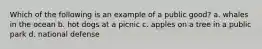 Which of the following is an example of a public good? a. whales in the ocean b. hot dogs at a picnic c. apples on a tree in a public park d. national defense