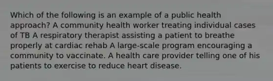 Which of the following is an example of a public health approach? A community health worker treating individual cases of TB A respiratory therapist assisting a patient to breathe properly at cardiac rehab A large-scale program encouraging a community to vaccinate. A health care provider telling one of his patients to exercise to reduce heart disease.