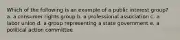 Which of the following is an example of a public interest group? a. a consumer rights group b. a professional association c. a labor union d. a group representing a state government e. a political action committee