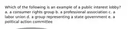 Which of the following is an example of a public interest lobby? a. a consumer rights group b. a professional association c. a labor union d. a group representing a state government e. a political action committee