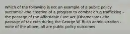 Which of the following is not an example of a public policy outcome? -the creation of a program to combat drug trafficking -the passage of the Affordable Care Act (Obamacare) -the passage of tax cuts during the George W. Bush administration -none of the above; all are public policy outcomes