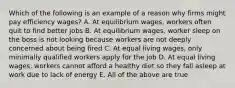 Which of the following is an example of a reason why firms might pay efficiency wages? A. At equilibrium wages, workers often quit to find better jobs B. At equilibrium wages, worker sleep on the boss is not looking because workers are not deeply concerned about being fired C. At equal living wages, only minimally qualified workers apply for the job D. At equal living wages, workers cannot afford a healthy diet so they fall asleep at work due to lack of energy E. All of the above are true