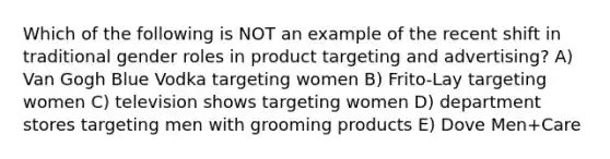 Which of the following is NOT an example of the recent shift in traditional <a href='https://www.questionai.com/knowledge/kFBKZBlIHQ-gender-roles' class='anchor-knowledge'>gender roles</a> in product targeting and advertising? A) Van Gogh Blue Vodka targeting women B) Frito-Lay targeting women C) television shows targeting women D) department stores targeting men with grooming products E) Dove Men+Care