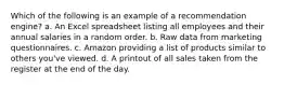 Which of the following is an example of a recommendation engine? a. An Excel spreadsheet listing all employees and their annual salaries in a random order. b. Raw data from marketing questionnaires. c. Amazon providing a list of products similar to others you've viewed. d. A printout of all sales taken from the register at the end of the day.